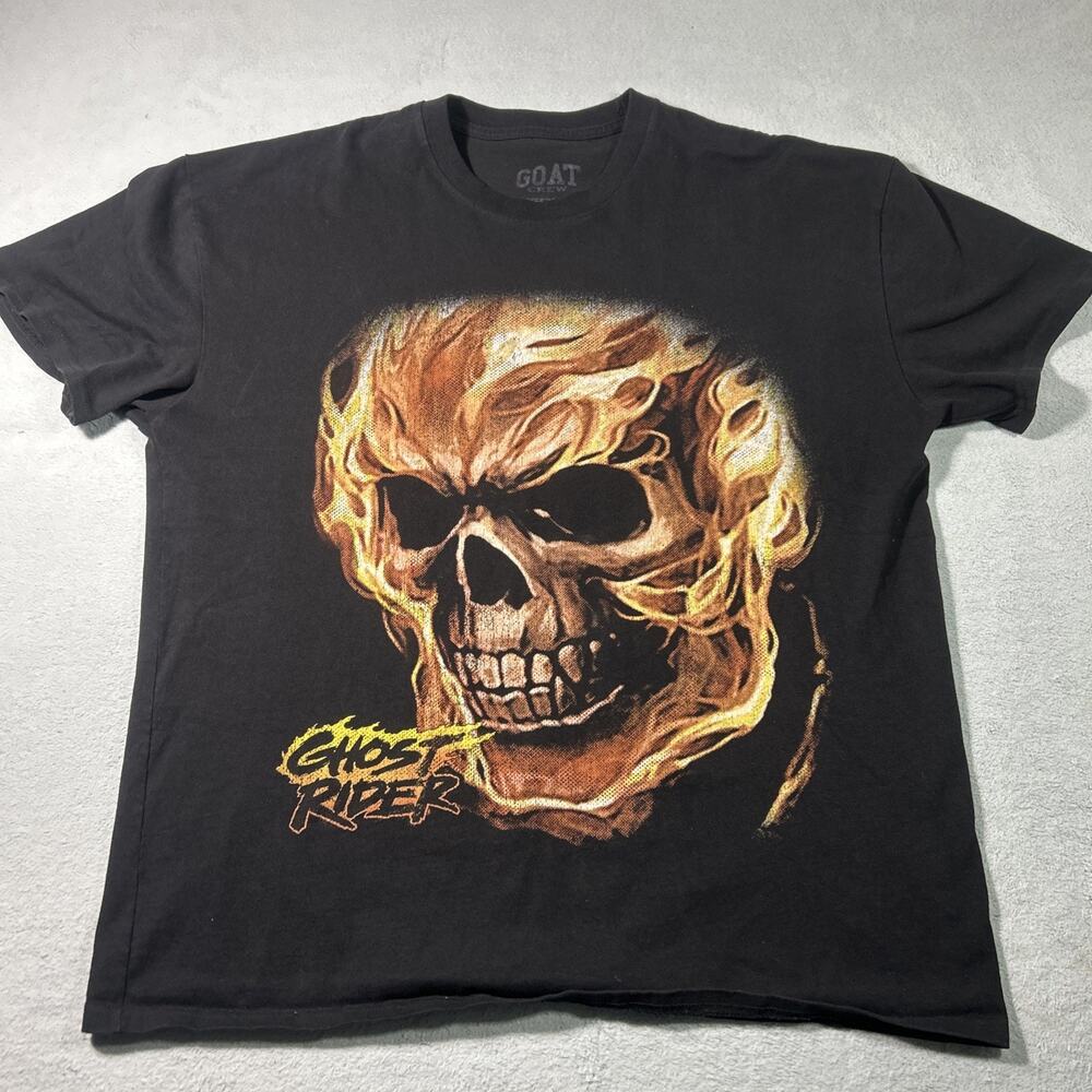Y2K 2000s Goat Marvel Ghost Rider Flaming Skeleton Head Shirt Mens Medium Skull